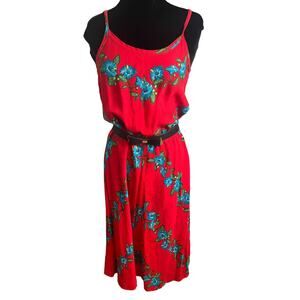 Vintage Young Hawaii Red Blue Hibiscus Tropical Flowy Dress Med Large Tiki Beach